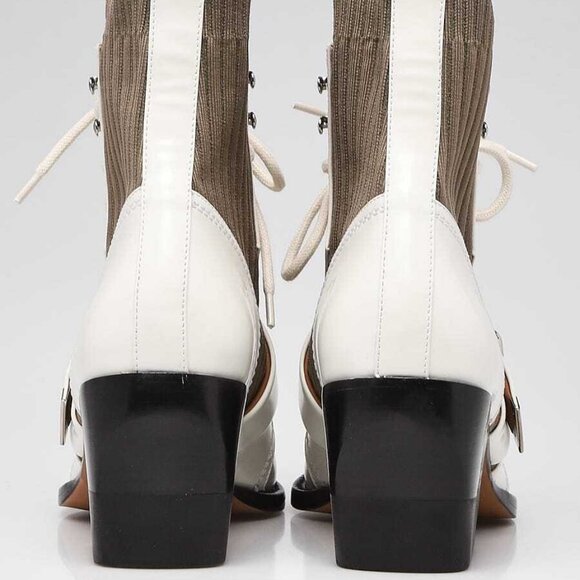 Chloe White Leather Green Knit Lace Up Rylee Ankle Boots Size 9.5/40 - Picture 5 of 5